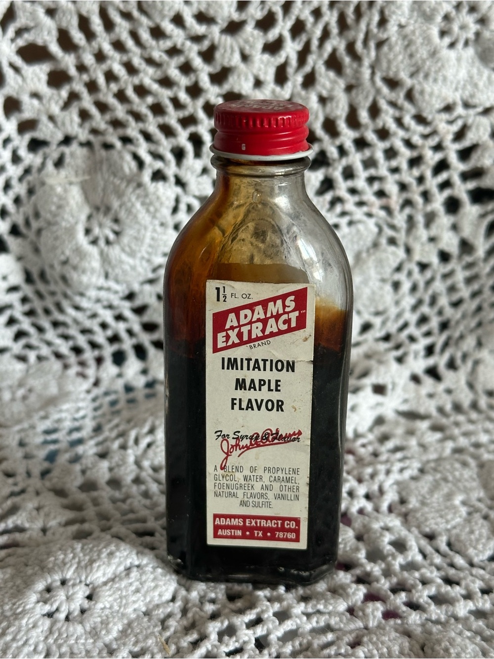 Vintage Adams Extract Imitation Maple Flavor Bottle - Red Cap, Amber Glass
